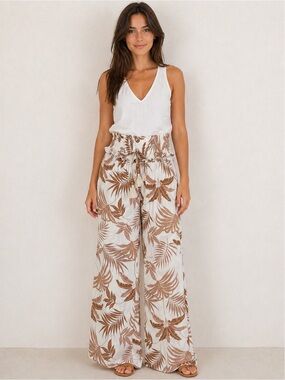 Neutral Palm-Print Wide Leg Paperbag Pants - White & Brown